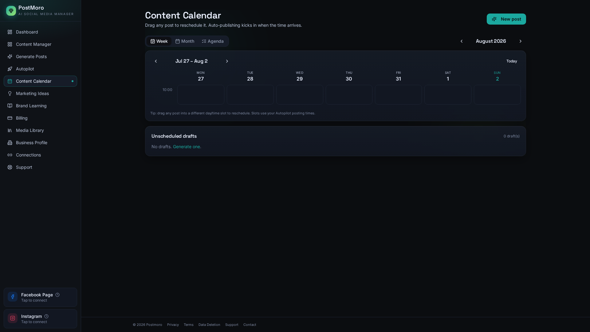 Screenshot of the PostMoro calendar with scheduled posts