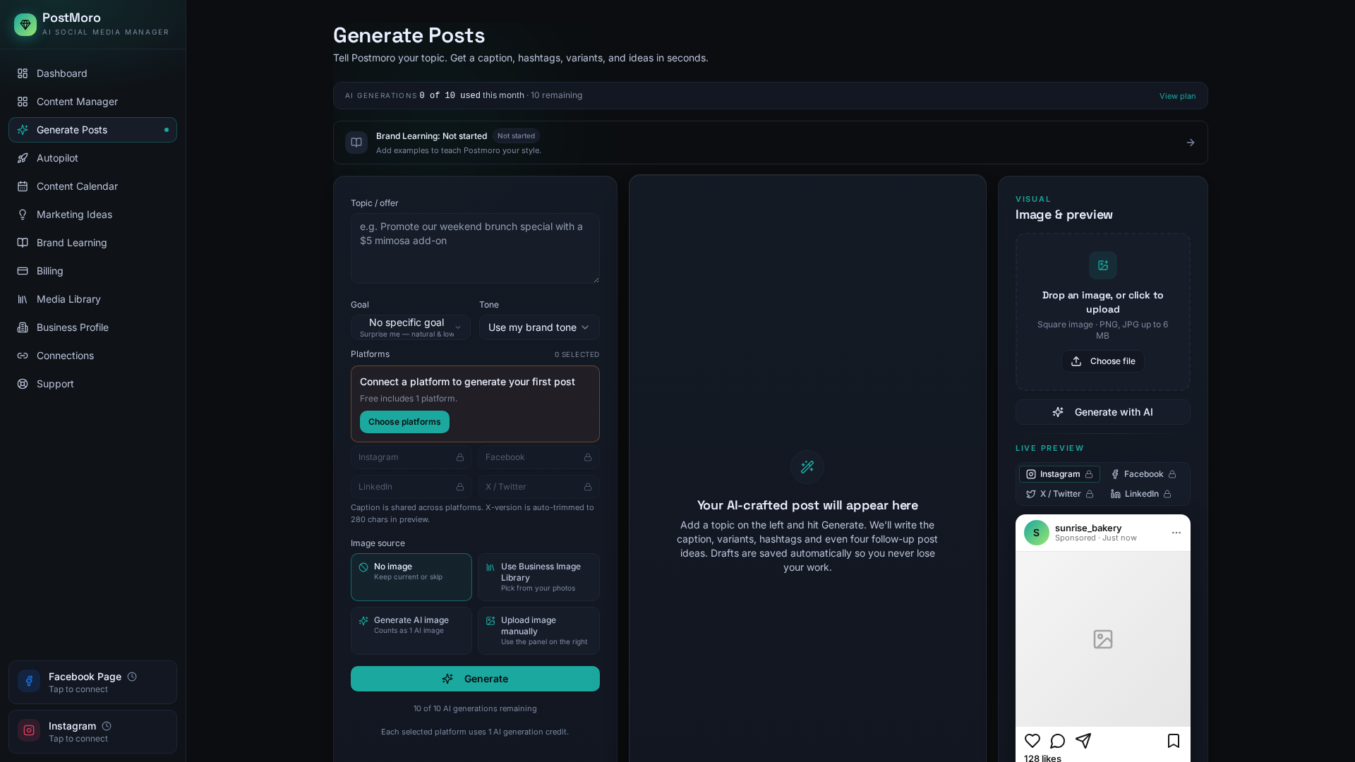 Screenshot of the PostMoro Generate Posts page